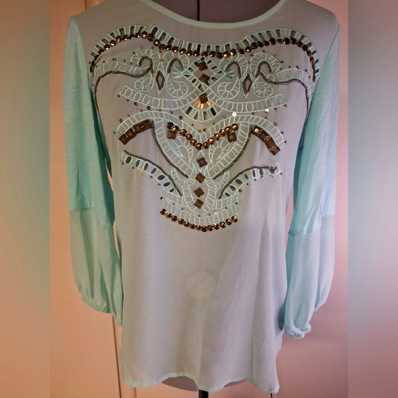 BKE Sea Green Sheer Embellished  Top Size Sm - Picture 3 of 10
